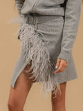 Casual Feather Knit Women Two Piece Set Lapel Collar Long Sleeve Top Short Skirt for Dating Daily Wear Fashion New