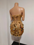 Sparkly Gold Rhinestone Sequins Sexy Strapless Mesh See Through Mini Dress Women Eveing Birthday Party Nightclub Stage Costume