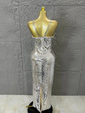 Classic Gold Sequin Mermaid Dress Rhinestone Chain Shoulder Straps Sweetheart Neck Formal Evening Gala Photoshoot Cocktail Party