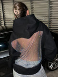 Harajuku Hooded Sweatshirt Women Autumn Trend Backless Glitter Mesh Patchwork Casual Streetwear Hipster Pulloverr