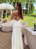 Elegant Satin Lace Long Dresses Women's Slip Backless Bandage High Slit Prom Maxi Dress Evening Party Night Out White Black