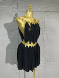 Lady's Sexiness Gold Metal Ring Decor Chiffon Cutout WaistMini Dress Suitable Women Cocktail Dinner Party Performance Outfit