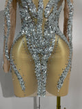 Sparkly Rhinestones Sexy Mesh Transparent Mini Dress Eveing Birthday Party Dance Nightclub Fashion Show Stage Costumes