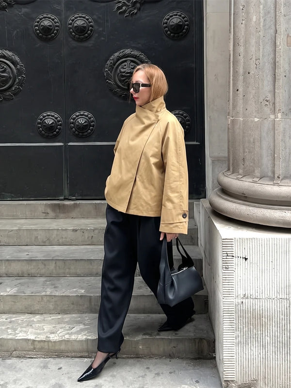 Neutral Khaki Cropped Trench Jacket Ladies Asymmetric Drape Collar Cuff Long Sleeve Soft Coat Daily Street Lady Outerwear 2026