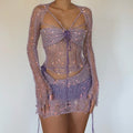 Glitter Sequins Knitted Skirt Sets Women 3 Piece Outfit Vacation Festival Clothing Sheer Top and Mini Skirt Matching Sets