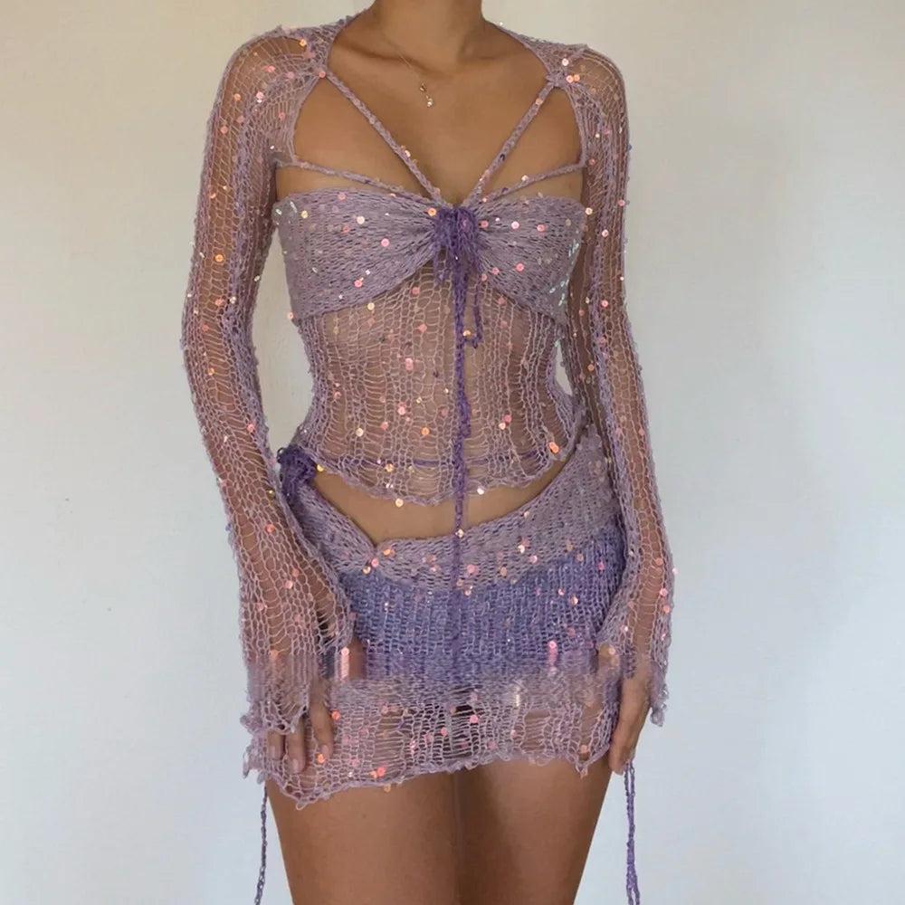 Glitter Sequins Knitted Skirt Sets Women 3 Piece Outfit Vacation Festival Clothing Sheer Top and Mini Skirt Matching Sets