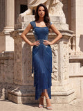 Women Sleeveless Sexy Square Collar Tassel Diamonds Bodycon Bandage Dress Elegant Evening Party High Quality Dress
