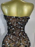 Women Sparkly Rhinestones Sexy Strapless Mesh See Through Mini Dress Birthday Party Evening Cocktail Dress Nightclub Stage Wear