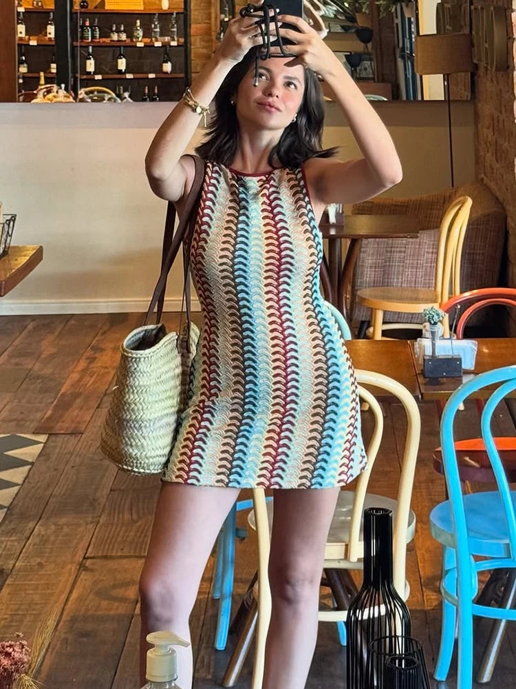 Women Chic Contrasting Knit Sling Mini Dress Sexy Skinny V Neck Backless Short Vestidos 2025 Summer Lady Beach Vacation Sundress