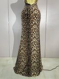 Women Sexy Eveing Party Club Birthday Stage Dress Elegant Halter Leopard Sleeveless Shiny Sequins Backless Bodycon Long Dress