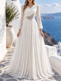 Fashion V Neck Lace Long Puff Sleeve Floor Length Dress for Women Ruched Waist Rhinestone Decoration for Banquet Gala Event