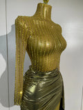 Women Sparkly Rhinestone Birthday Evening Party Nightclub Team Stage Show Costume Sexy Mesh See Through Long Sleeves Mini Dress