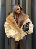 Vintage Faux Fur Trim Puffer Jacket Women Big Furry Collar Oversized Bubble Sleeve Warm Winter Coat Lady Winter Outerwear 2026