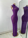Luxury Purple Rhinestones Long Party Dress Celebrity Women Sexy Sleeveless Mesh See Through Prom Gown Club Birthday Dresses