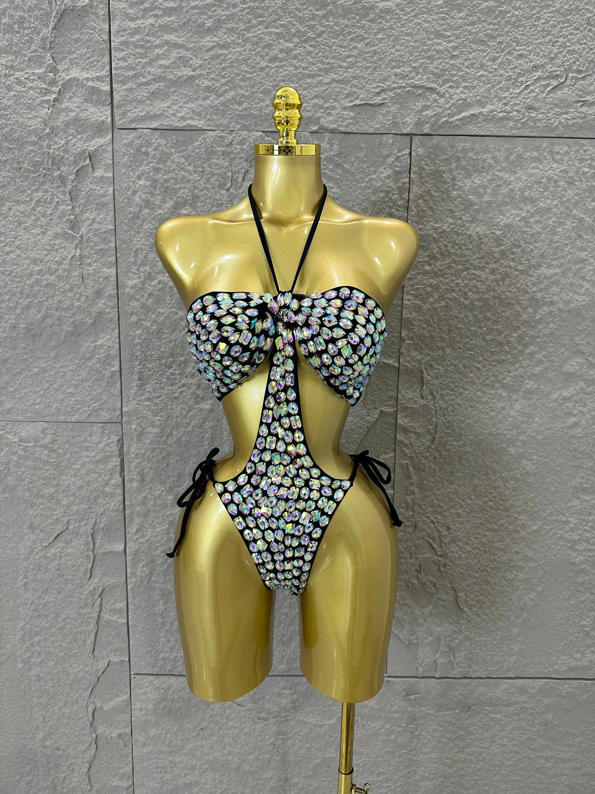 Gold Luxurious Black Bodysuit Women Sexy Halter Neck Iridescent Crystal Embellished Cutout Outfit Stage Performance Costume