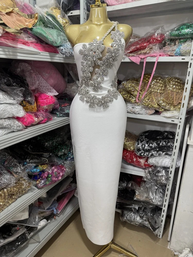 White Sexy One-Shoulder, Off-The-Shoulder, Rhinestone, Backless,One-Shoulder Tight, Hip-Hugging Bandage Dress