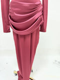 Elegant Style Pencil Dresses for Women O Neck Shoulder Pud Long Sleeve High Waist Pleated Slim Maxi Dress Female
