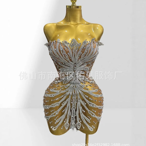 Chic Hot Diamond Glam Perspective Mesh Tube Top Dress European Size Fashion Party Stage Performance Gown Vestidos Fiesta De Lujo