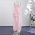 Elegant Lace Women Long Pant Set Square Neck Sheer Ruffle Hem Crop Cami Top High Waist Wide Leg Trousers 2026 Summer Chic Suit