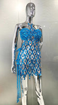 Women's Two-piece Peacock Blue Sequined Rhinestone Tube Top Halter Sheer Dress Fashion Hot Party Stage Performance Evening Gown