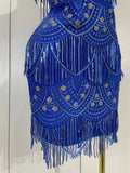 Women Blue Off The Shoulder Shiny Sequined Tassel Bodycon Mini Dress Eveing Celebrity Party Prom Birthday Club Dress Vestidos