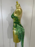 Women Sparkly Green Rhinestone Tassels Sexy Latin Dancer Mesh Bodysuit Eveing Party Birthday Nightclub Performance Stage Costume
