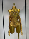 Sexy Strapless Gold Shinning Rhinestone Bodycon Bodysuit With Glove Bar Dancer Nightclub Singer DJ Stage Costume Birthday Outfit