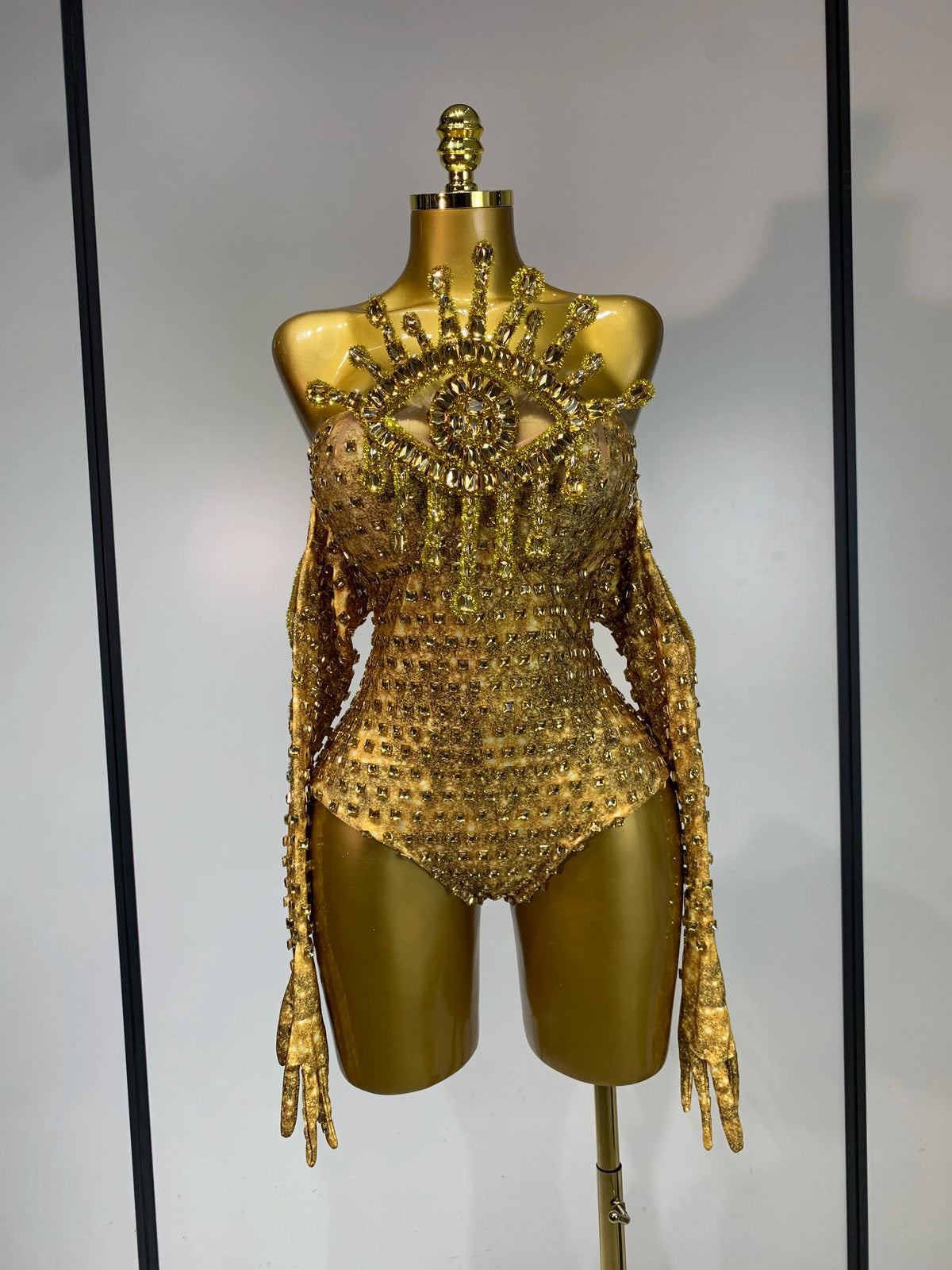 Sexy Strapless Gold Shinning Rhinestone Bodycon Bodysuit With Glove Bar Dancer Nightclub Singer DJ Stage Costume Birthday Outfit