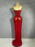 Women Red Strapless Mesh Mermaid Maxi Dress Vertical Red Rhinestone Long Gown Birthday Party Prom Singer Stage Evening Outfit