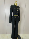 Golden Buttons Short Coat Top And Flare Pants  Bandage 2 Pieces Set Woman Celebrity Evening Party Vestidos