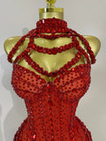 New Luxury Sparkly Red Rhinestones Stretch Bodysuit Women Birthday Party Nightclub Bar Singer Dancer Performance Stage Costume