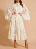 Elegant Vintage Green Lace Midi Dress for Women High Neck Sheert Flare Sleeve Belted Waist Desgin for Luxury Dinners Party