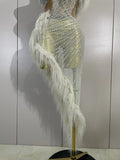 New Sparkly Rhinestone Off The Shoulder White Mesh See-Through Long Dress Sexy Eveing Party Birthday Nightclub Stage Costume