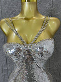 Classic Gold Sequin Mermaid Dress Rhinestone Chain Shoulder Straps Sweetheart Neck Formal Evening Gala Photoshoot Cocktail Party