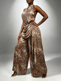 Leopard Print Two Piece Set for Women Halter Neck Sleeveless Keyhole Front Top Wide Leg Pants Draped Waist for Casual Daily
