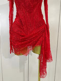 Women Sexy Strapless Backless Red Lace Split Mni Bodycon Dress With Gloves Celebrity Elegant Evening Club Birthday Party Outfit