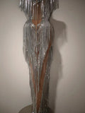 Women Sexy Mesh Sparkly Rhinestone Tassels Stretch Long Dress Evening Nightclub Singer Dance Stage Costume Luxury Birthday Gowns