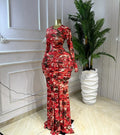Women Print O-neck Stacked Ruched Bowknot Streamer Mermaid Maxi Midi Dress 2026 Cocktail Birthday Holiday Party Dresses