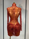 High Quality Rhinestone Sequin Sexy See Through Mesh Mini Dress Women Evening Party Nightclub Singer Stage PerformanceCostume