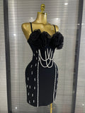 Black Color Women Sexy Strap Pearl Beading Bodycon Mini Bandage Dress Florals Celebrate Nightclub Party Cocktail Outfit