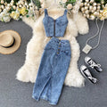 Women Denim Sets Sleeveless Strap Crop Top and Long Skirts Suits  Summer Jeans Streetwear Two 2 Piece Sets Outfits