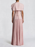 Chic Pink 3 Piece Set for Women Beaded Bow Cape Sleeve Strapless Corset Top High Waist Pleated Floor Length Skirt for Party