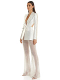 Elegant Beaded pearls blazer pants set Suits women flower white slim blazer +Sexy Mesh See Through sequin Trousers two-piece set