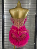 Women Sexy Sparkly Rhinestone Strapless Mesh See Through Mini Dress Eveing Party Birthday Singer DJ Nightclub Bar Stage Costume