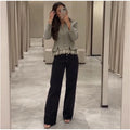 Spliced Lace Hem Jacket Elegant Long Sleeve V-neck Waisted Contrast Lace Bottom Design Casual Coat Autumn Fashion Retro Jackets