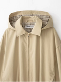 Khaki Hooded Cropped Jacket Faux Two‑inner Zip‑up Plaid Fabric Drawstring Bottom Women Coats Spring Autumn Casual Daily Outfits