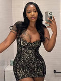 Jacquard Double Deck Dress Party Women Y2K Sexy Lace Spaghetti Strap Body-Shaping Nighclub Summer Trend Mini Bodycon