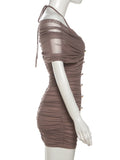 Y2K Mesh Halter Dress Women Sexy Ruched Patchwork Pleat Lace-Up V-Neck Button Elegant Peach Hip Stretch Slim Bodycon