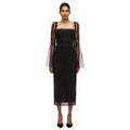 Women's Black Sheer Mesh Trumpet Sleeve Square Neck Waist-Cinching Dress Elegant Evening Performance Gown Vestidos De Bienvenida