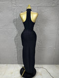 Solid Hollow Out Spliced 3D Flower Elegant Dresses for Women Stand Neck Sleeveless Split Sexy Long Dress Female New